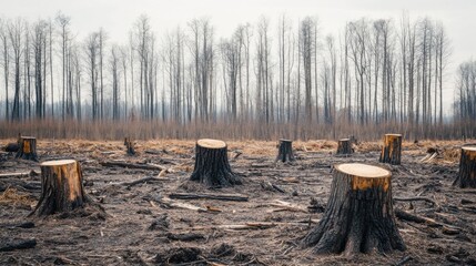 A striking visual of deforestation with barren trees and stumps in a once-lush forest, Abstract depiction of ecological destruction, minimalist style