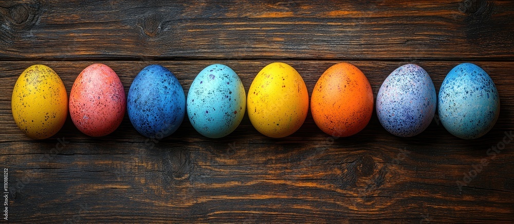 Poster colorful easter eggs in a row on rustic wooden background creating a festive and cheerful spring atm
