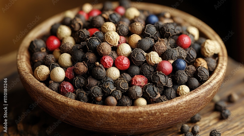 Poster vibrant assortment of spices and herbs in a wooden bowl showcasing black pepper and colorful pepperc