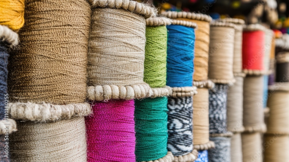 Poster multicolored spools of thread displayed in a row on a white background showcasing diverse textures a
