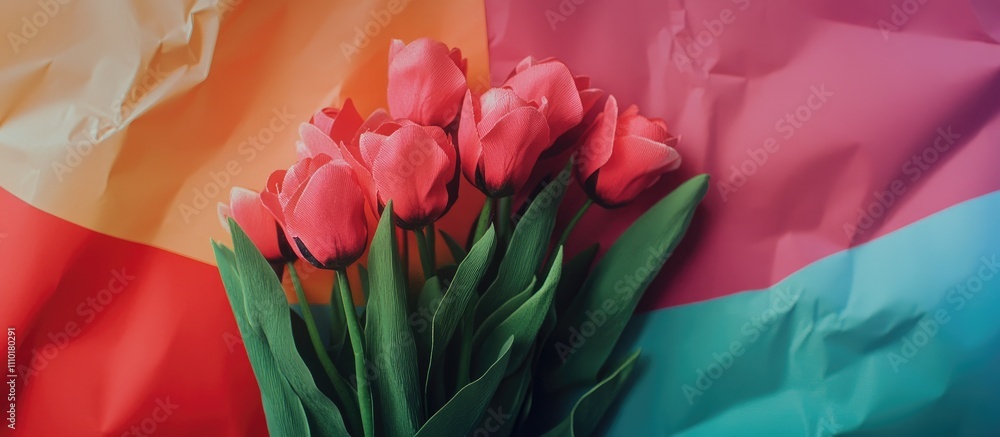 Poster vibrant closeup of pink tulips arranged on a multicolored paper backdrop with ample blank space for 