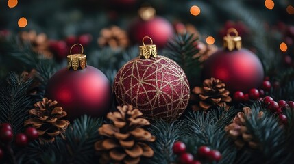 Christmas ornaments and pine cones in festive decorations on a green pine background with warm bokeh lights during the holiday season