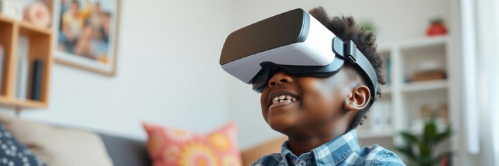 Joyful African American boy using virtual reality headset at home, exploring the metaverse and measuring objects in a 3D world through VR goggles, schoolboy, immersion