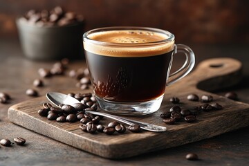 Melange coffee offers a rich and velvety experience, served in a clear glass with an inviting foam. Surrounding roasted beans add to the warm, cozy ambiance.
