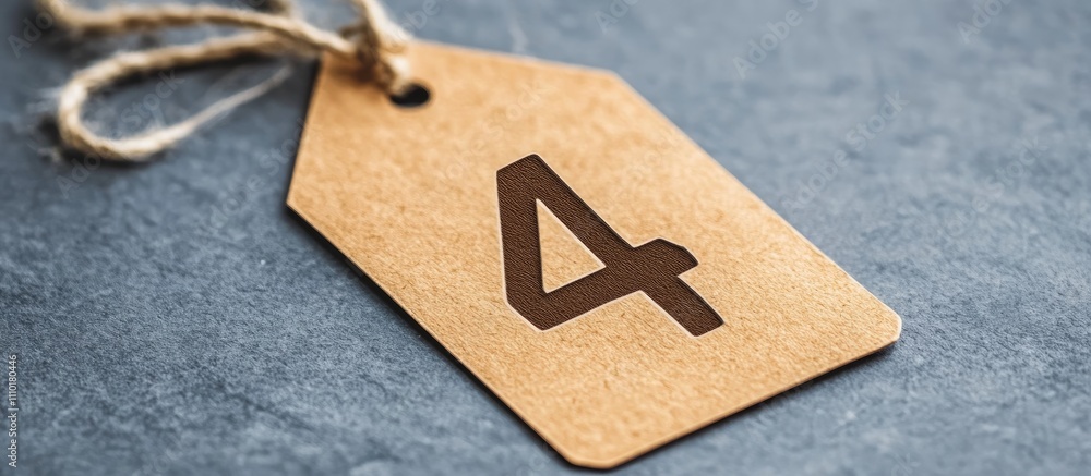 Poster brown paper tag with cutout number four on a textured gray background for crafting or labeling purpo