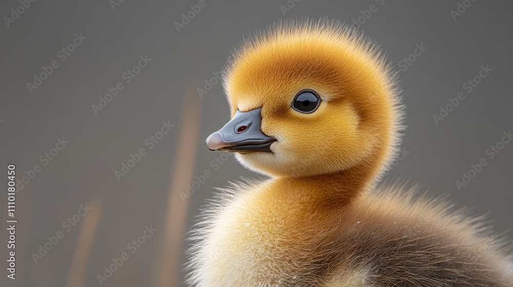 Poster charming close-up of a fluffy yellow gosling showcasing soft feathers and a curious expression on a 