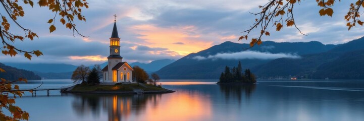 Fototapeta premium Little chapel on Lake Bled island at sunrise with yellow lights, surrounded by foliage and leaves, foliage, yellow lights