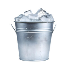 Metal bucket filled with ice cubes, perfect for keeping drinks cold or for serving beverages at a party, against a white isolated background.