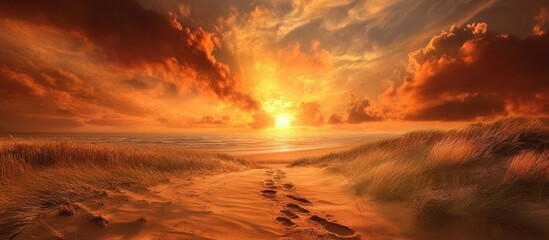 Footprints on a serene beach at sunset with dramatic clouds and gentle waves creating a dreamlike atmosphere