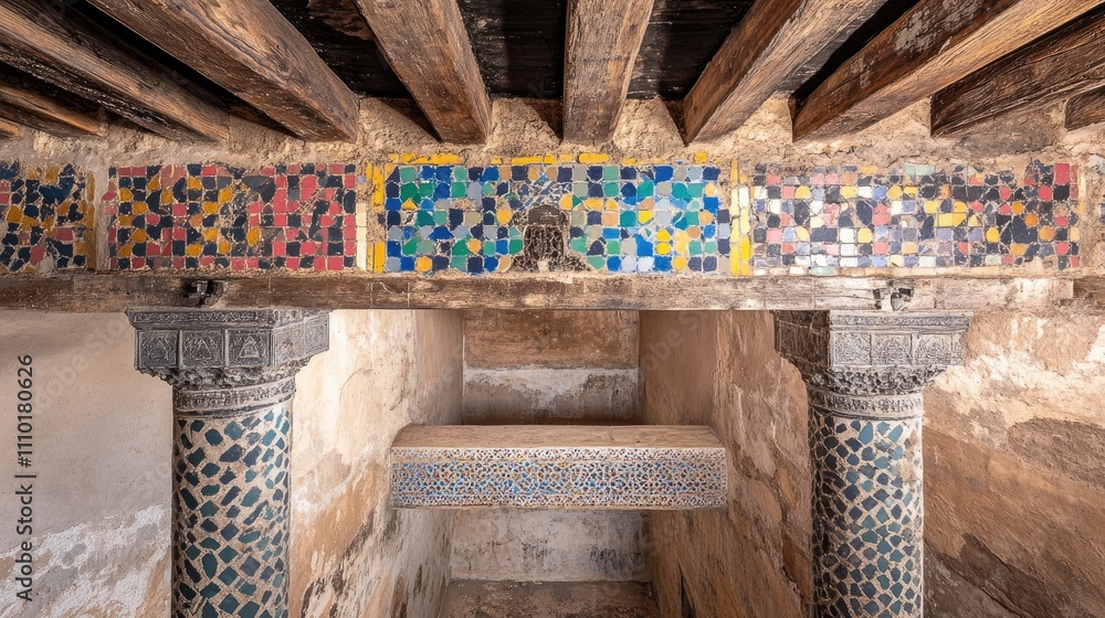 Poster old roof structure with exposed beams and debris showcasing intricate arabic tile patterns and histo