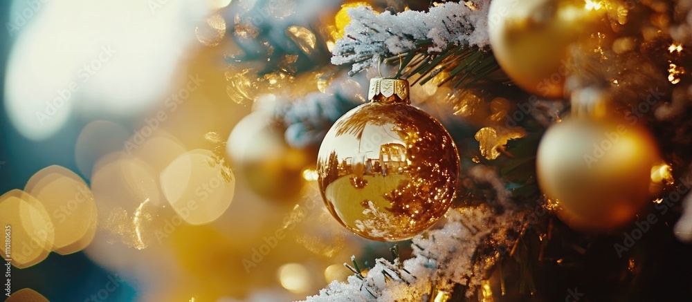Poster golden christmas ornaments on a snow-dusted tree with soft bokeh lights creating a warm and festive 