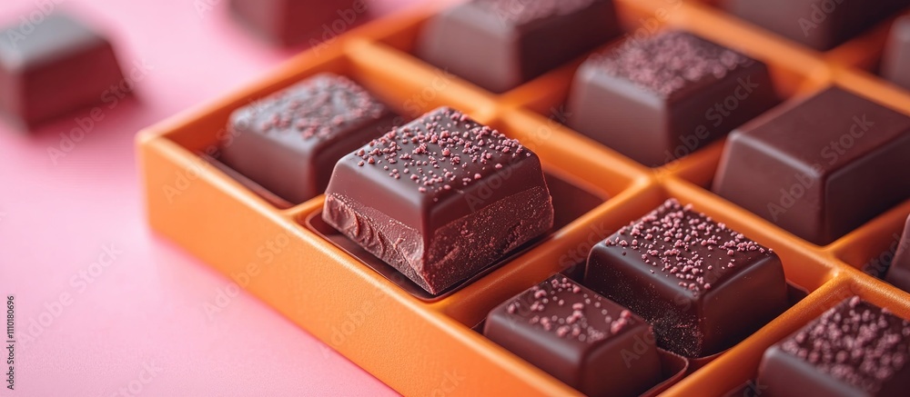 Poster delicious assorted chocolates in vibrant orange packaging arranged on a pink background for an appea
