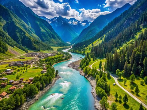 Aerial View of the Lidder River Flowing Through Amarnath Yatra Base Camp in Pahalgam, Jammu Kashmir, Showcasing Scenic Beauty and Natural Landscapes of India