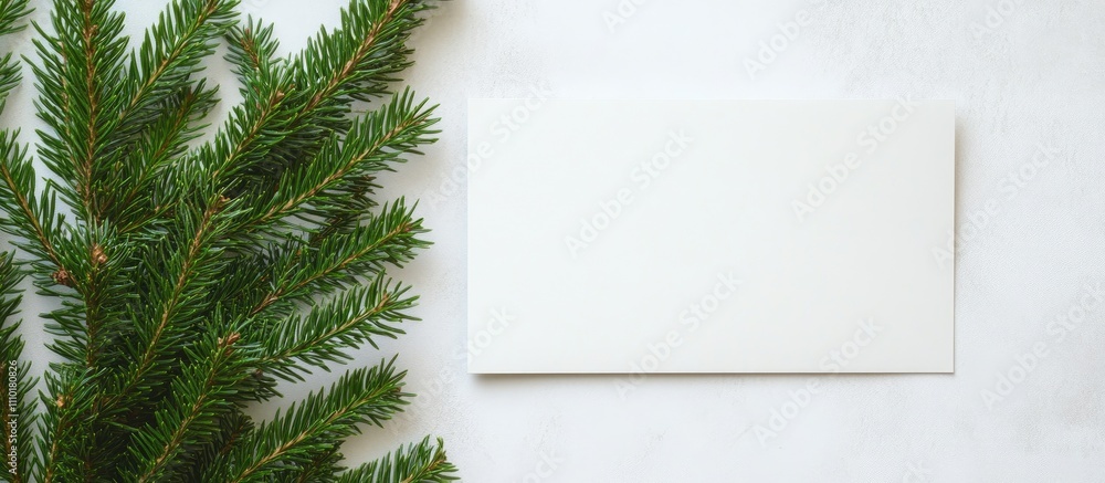 Aufkleber christmas tree branches next to a blank card on a light background for festive greeting or message d