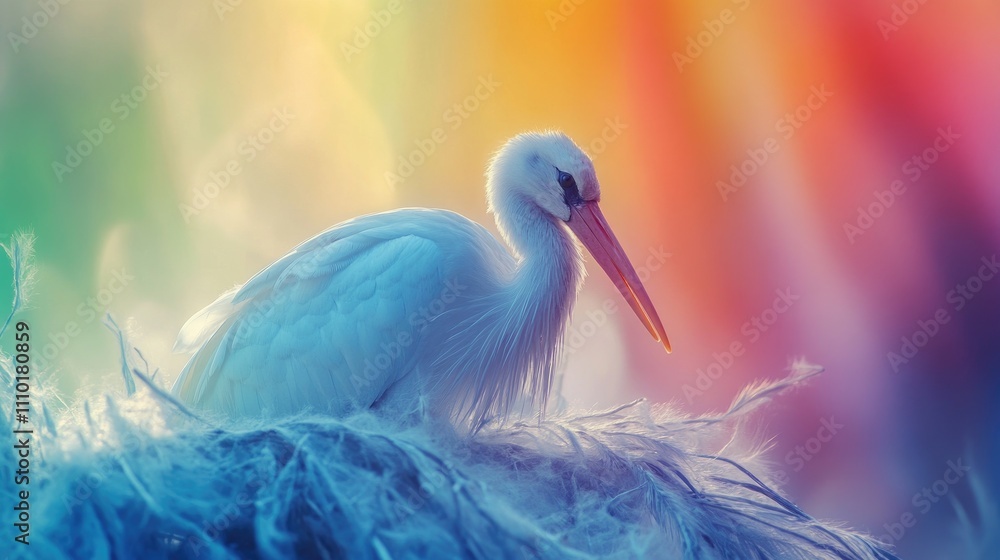 Poster elegant stork resting in a colorful natural setting with soft pastel hues and ethereal light creatin