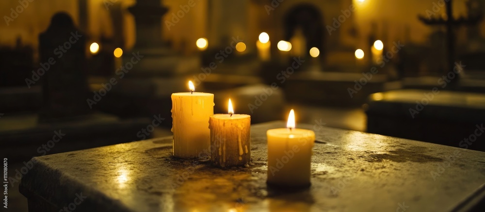 Poster candles illuminating a grave in a cemetery creating a serene and reflective atmosphere at night
