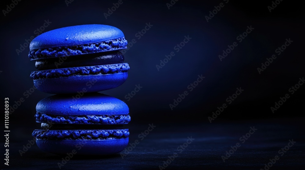 Poster vibrant blue macaroons elegantly displayed on a contrasting dark background showcasing their delight