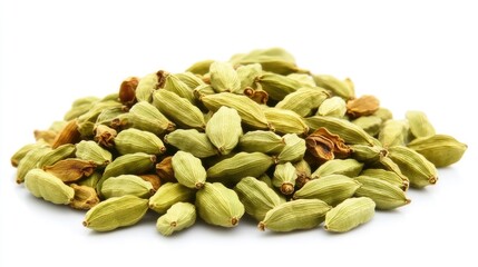 Dry green cardamom pods and seeds arranged on a white background showcasing their texture and natural color in closeup detail.
