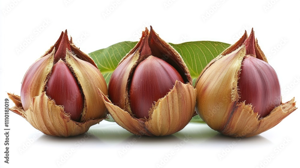 Poster chestnuts in their natural husks arranged on a white background showcasing their rich colors and tex