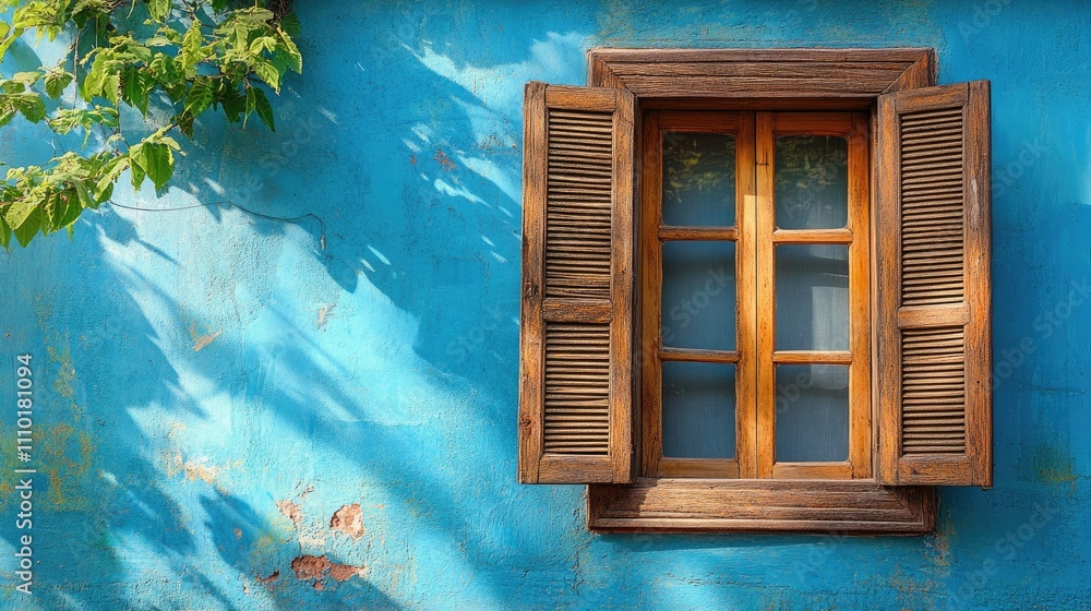 Poster charming blue tile wall featuring a wooden window frame and jalousie with shadow play from lush gree