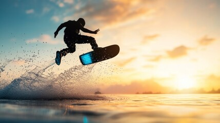 Fototapeta premium A man is riding a surfboard in the ocean, with the sun setting in the background