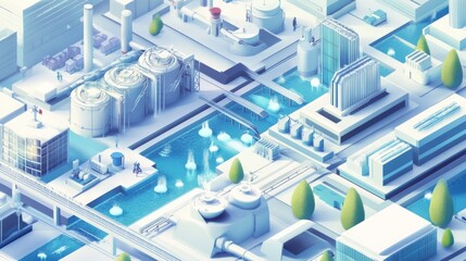 A illustration of A graphical representation of water flow through different stages of purification and distribution in a city 