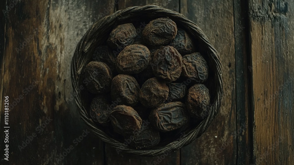 Poster bowl of dried pitted dates displayed on a rustic wooden surface from an overhead perspective