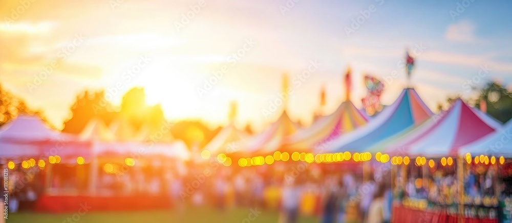 Poster vintage festival scene with blurred tents and bokeh effect during sunset for atmospheric background 