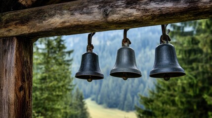 Obraz premium Close up of traditional Tyrolean cowbells hanging from rustic wooden support with lush green forest in the background