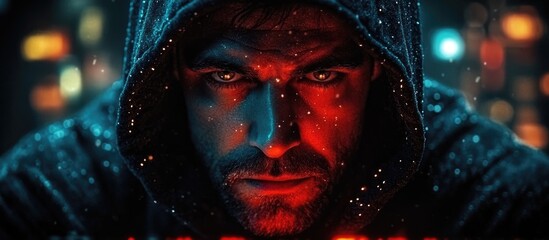 Cybercrime hacker in futuristic setting focused at computer with virus overlay contemplating coding attack dressed in hoodie for malware programming