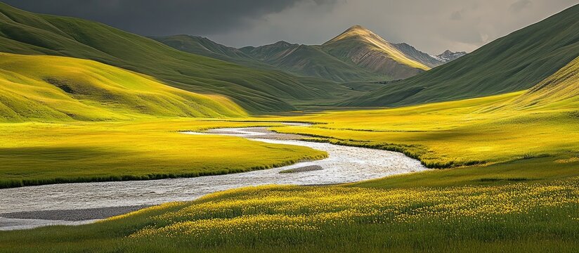Lush green and vibrant yellow fields meet a serene river in a dreamlike valley landscape showcasing nature's breathtaking beauty