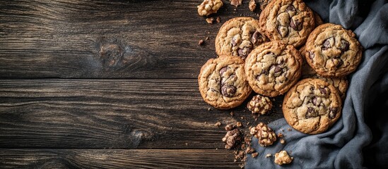 Freshly baked chocolate chip cookies on rustic wooden table with warm cloth and scattered crumbs. Perfect for dessert or snack themes.