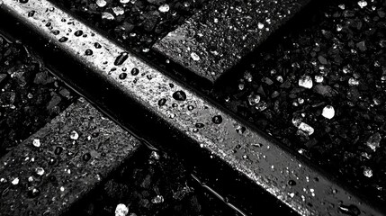 Closeup view of wet railway track with raindrops highlighting the rail and gravel texture in monochrome setting