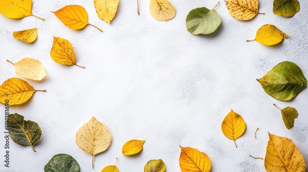 Aufkleber autumn leaves frame on textured white background creating a warm seasonal atmosphere with ample copy