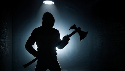 Silhouette of dangerous bandit with axe in the dark