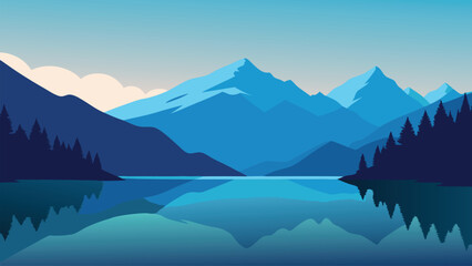 Tranquil lake with majestic mountains rising in the background, capturing the essence of peaceful wilderness flat vector illustration natural background.