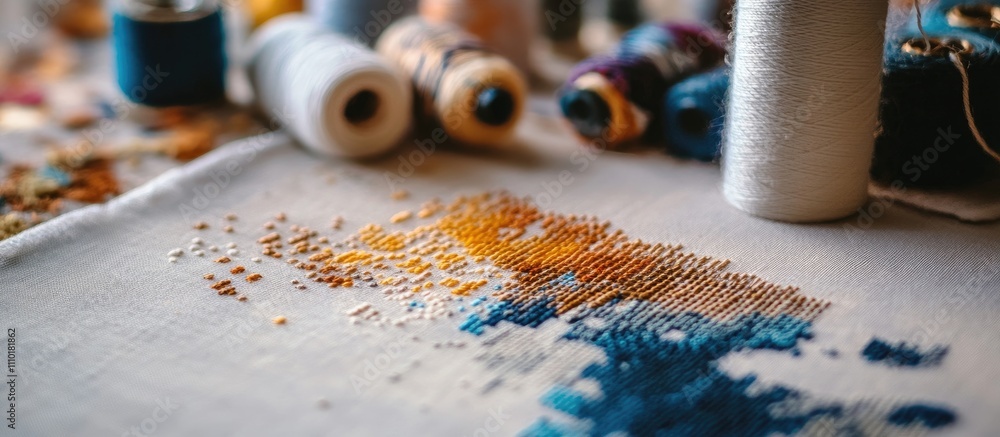 Poster close up view of vibrant cross stitch artwork in progress with colorful threads and fabric on a craf
