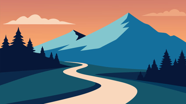 Winding path through trees leads to a fog covered mountain range in the distance flat vector illustration natural background.