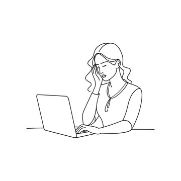 recommend clip art: Woman experiencing a headache while working on laptop Continuous line art flat vector illustration.