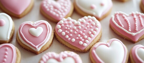 Heart-shaped sugar cookies decorated with pink and white royal icing showcasing creative designs and patterns on a light background