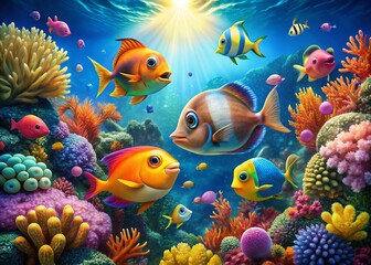 Fototapeta premium Aerial View of Vibrant Fish Characters Swimming Playfully in a Coral Reef, Showcasing Colorful Marine Life and Underwater Diversity in a Stunning Ocean Environment