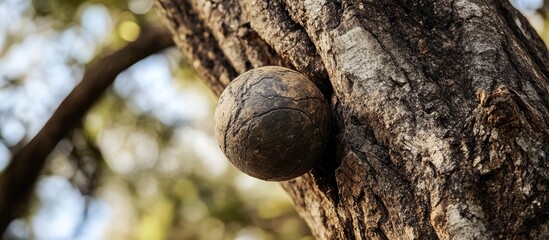 Closeup of unique tree growth resembling a ball against textured bark in natural outdoor setting