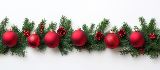 Festive Christmas flat lay of red ornaments and greenery branches on a white background for holiday decor and seasonal celebrations.