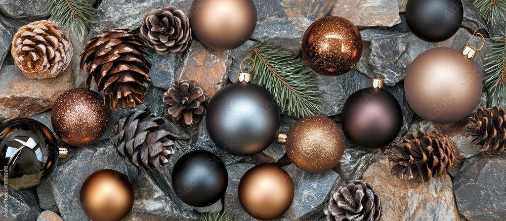 Poster stylish christmas baubles and pine cones arranged on a stone table background with ample space for t