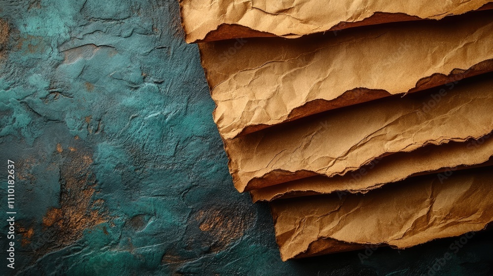 Aufkleber textured crumpled paper layers on an abstract teal background with space for text or design elements