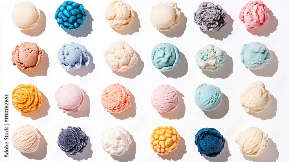 Poster Colorful assortment of ice cream scoops displaying various flavors arranged in a grid pattern isolated on a white background