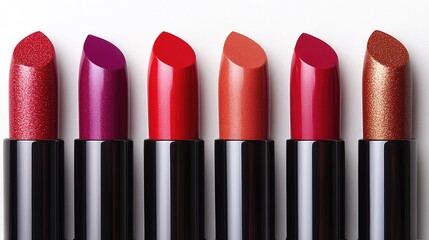 Obraz premium Vibrant assortment of luxurious lipsticks arranged elegantly on a clean white backdrop showcasing their rich colors and textures.