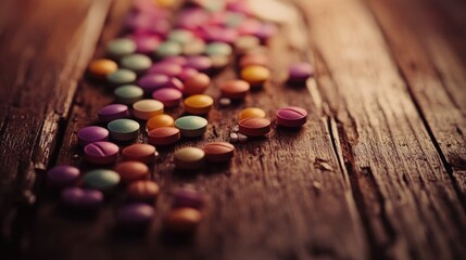 Naklejka premium Colorful assortment of pills scattered on a rustic wooden table surface creating a vibrant and inviting visual display.