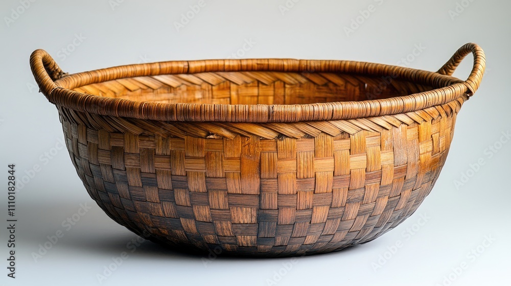 Poster rustic empty bamboo basket with natural texture and design isolated on white background for home dec