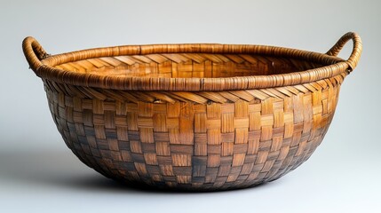 Rustic empty bamboo basket with natural texture and design isolated on white background for home decor or storage concepts